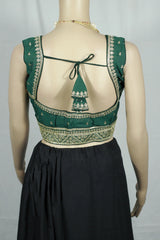 Green Readymade Designer Padded Blouse with Deep Neckline and Zari Border Work, Back Knot, Fully Stitched