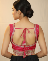 Pink Readymade Designer Padded Blouse with Zari Border, Deep Neck, Back Knot & Back Open Style