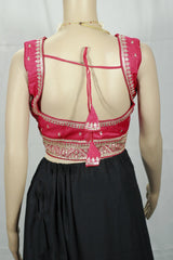 Pink Readymade Designer Padded Blouse with Zari Border, Deep Neck, Back Knot & Back Open Style