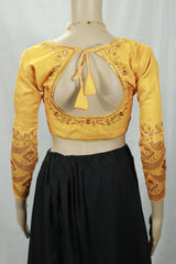 Yellow Sequined Padded Designer Blouse with Full Sleeves and Back Knot, Readymade Stitched