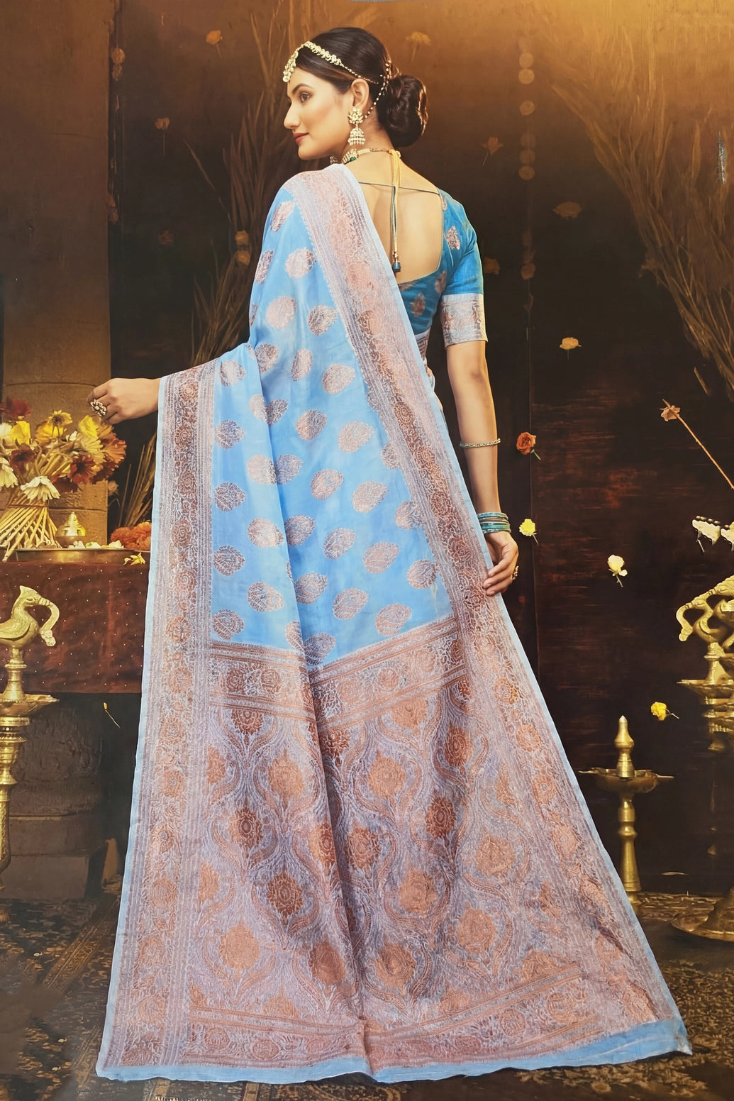 Sky Blue Cotton Shimmer Saree with Stone Work and Grand Pallu, Designer Saree with Blouse
