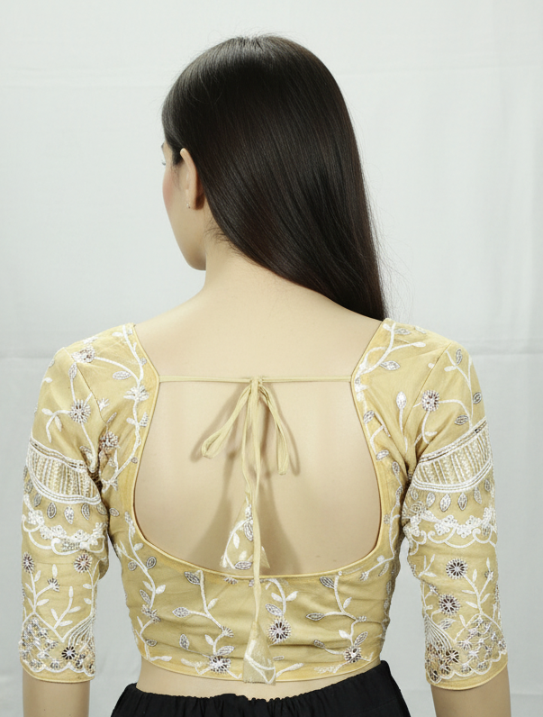 Sandal Ready-to-Wear Designer Padded Blouse with Aari Floral Embroidery, Elbow Sleeves and Back Knot