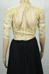 Sandal Ready-to-Wear Designer Padded Blouse with Aari Floral Embroidery, Elbow Sleeves and Back Knot
