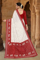 White & Red Pure Cotton Printed Saree with Contrast Border, Velvet-Style Pattern, No Blouse Included