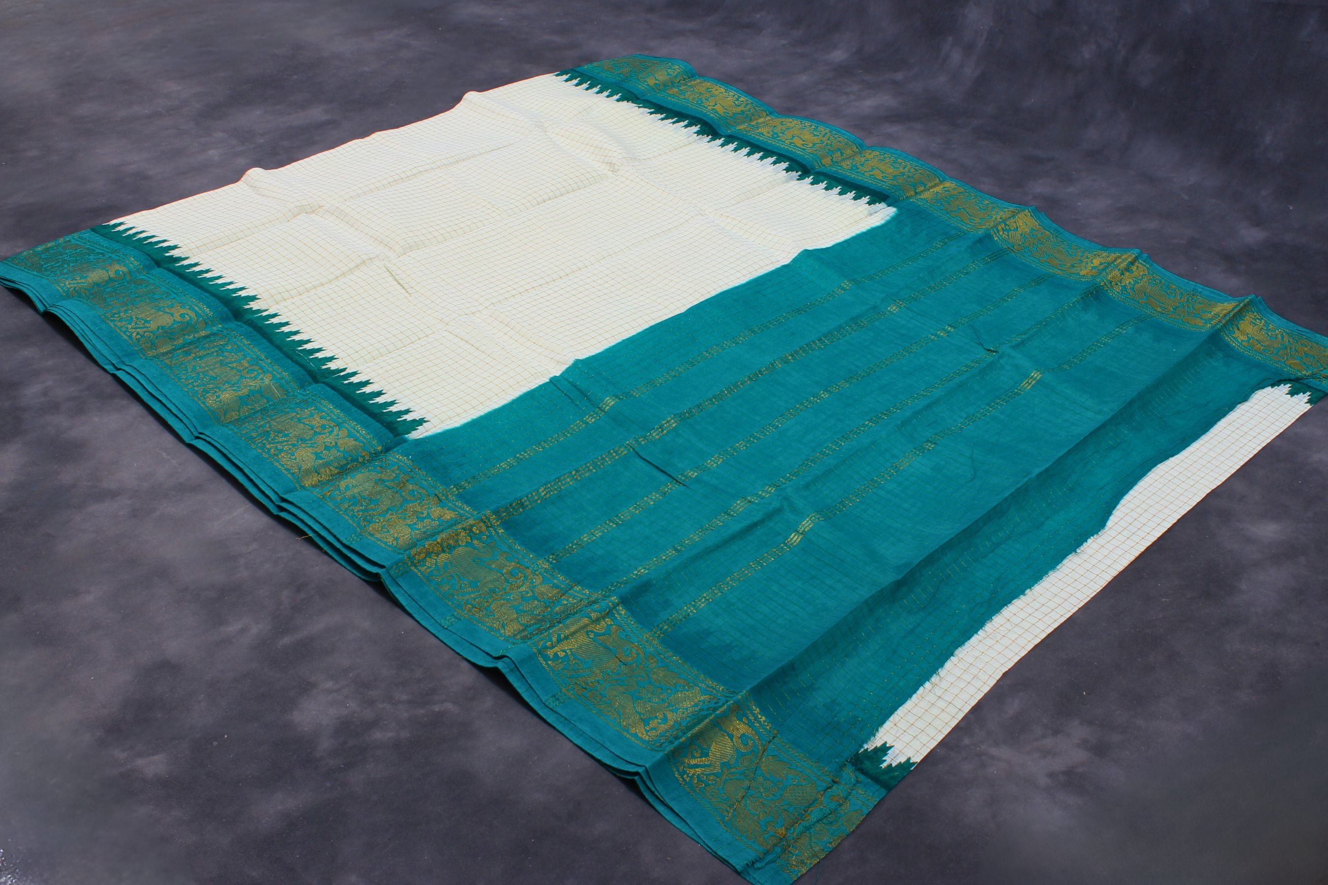 Madurai Pure Sungudi Cotton Saree with Golden Checks & Zari Border Saree JCS Fashions Cream 5.5 meters
