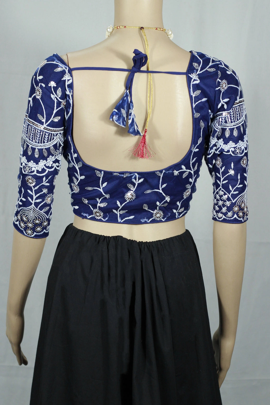 Royal Blue Readymade Designer Padded Blouse with Aari Floral Work, Elbow-Length Sleeves and Back Knot