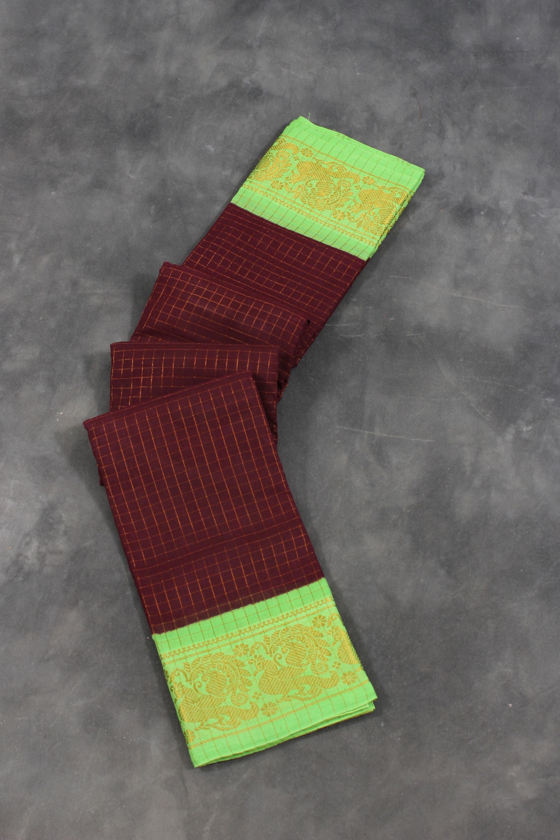 Madurai Sungudi Cotton Saree with Golden Checks & Double Side Zari Border Saree JCS Fashions Dark Brown 5.5 meters