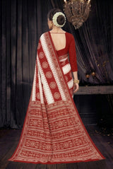 Red & White Cotton Printed Saree with Border Design for Women | Ajmera Fashion