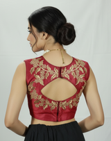 Maroon Readymade Padded Designer Blouse with Golden Aari Floral Embroidery, Sleeveless, Back Knot