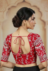 Red Readymade Designer Padded Blouse with Aari Floral Embroidery, Fully Stitched Back Knot and Elbow Sleeves