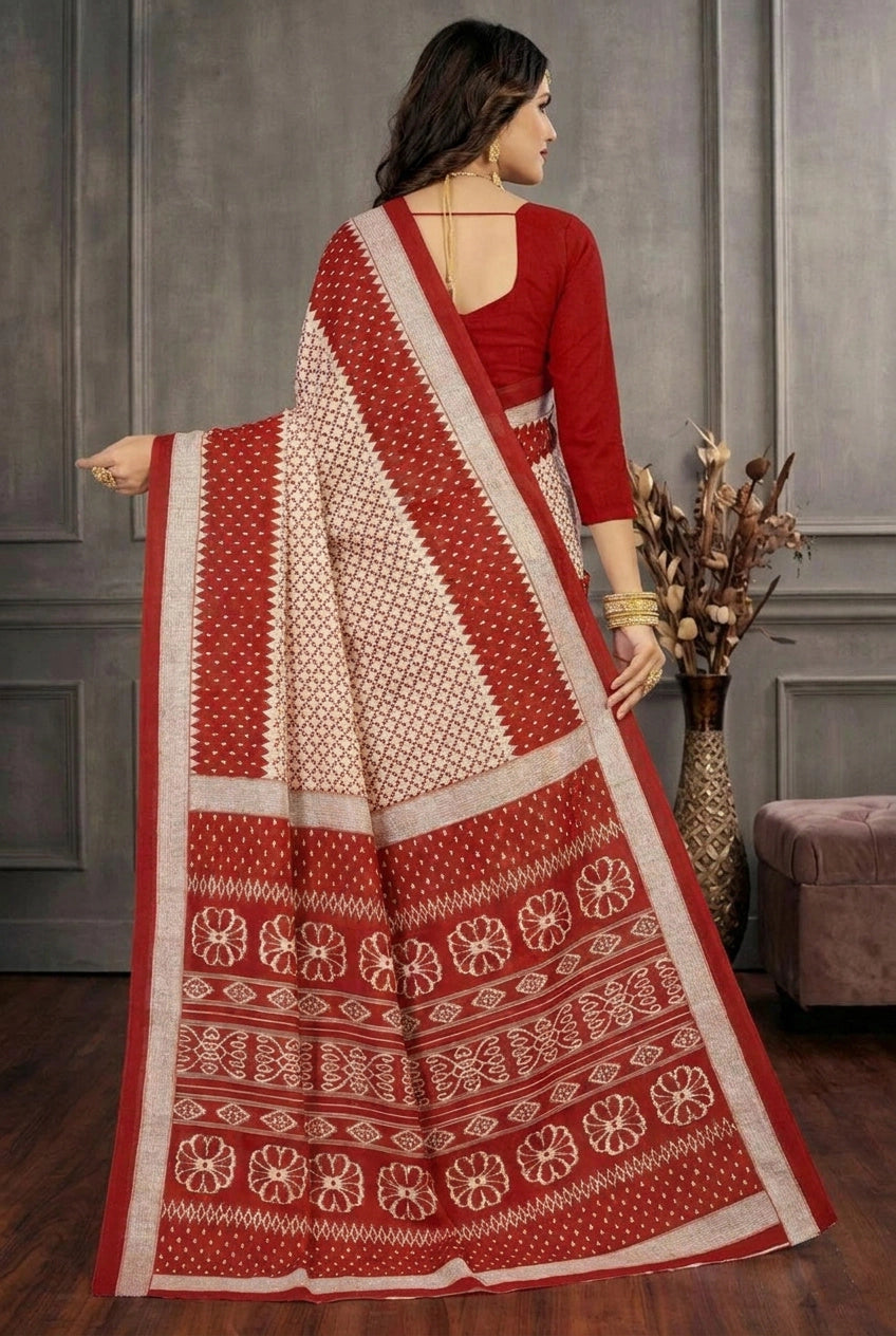 Red & White Cotton Printed Saree with Traditional Border, Everyday Wear for Women