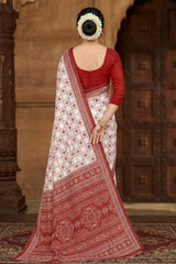 Red Velvet Printed Pure Cotton Saree with Border, White Base, Saree Only (Blouse Not Included), Ajmera Fashion