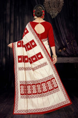 Red and White Cotton Printed Saree with Border and Classic Geometric Motifs for Women