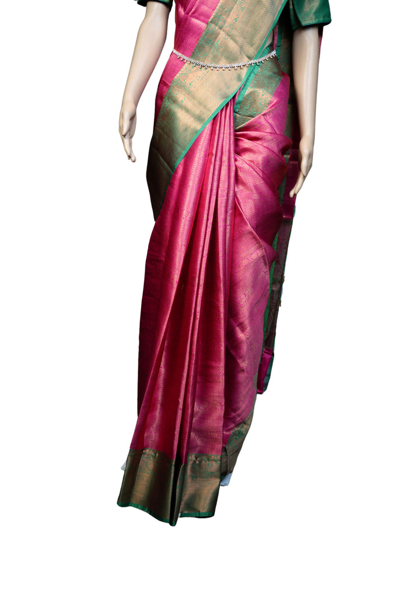 Rani Pink Banarasi Tissue Saree: Elegant Green Border &Jacquard Blouse