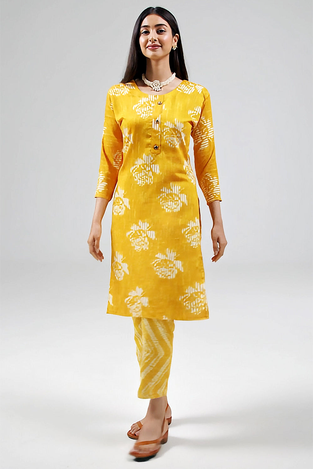 Yellow Cotton 2 Piece Kurta Set with Floral Design - AI Model Photo 1