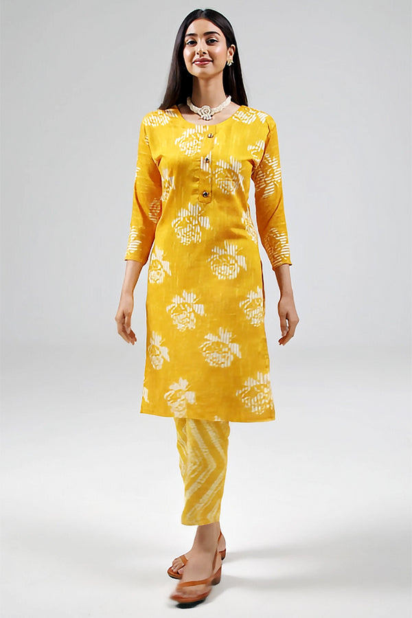 Yellow Cotton 2 Piece Kurta Set with Floral Design - AI Model Photo 1