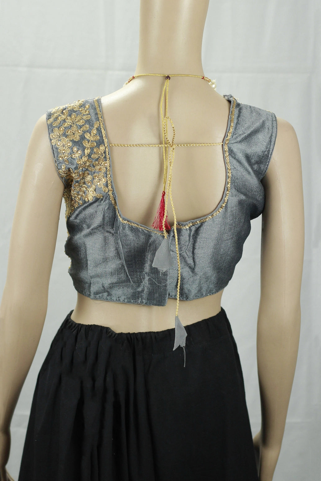 Ash Grey Designer Padded Blouse with Golden Aari Work Floral Motifs, Sleeveless Back Knot, Ready-to-Wear