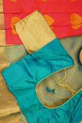 Red Handloom Silk Saree with Grand Pallu & Stitched - View 3 - JCS Fashions