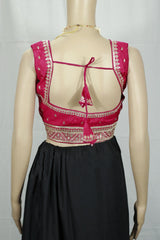 Red Zari Border Padded Designer Blouse with Deep Neckline, Sleeveless, Back Knot, Fully Stitched