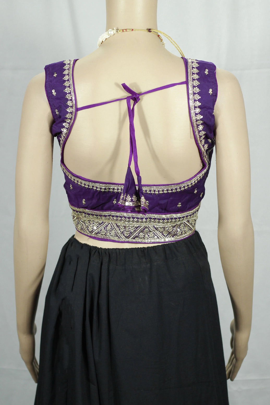 Purple Readymade Padded Designer Blouse with Zari Border, Deep Neck and Back Knot, Fully Stitched