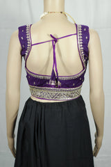 Purple Readymade Padded Designer Blouse with Zari Border, Deep Neck and Back Knot, Fully Stitched