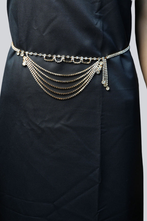 Golden Elegance: Multi-Layer Stone Hip Chain with White Stones