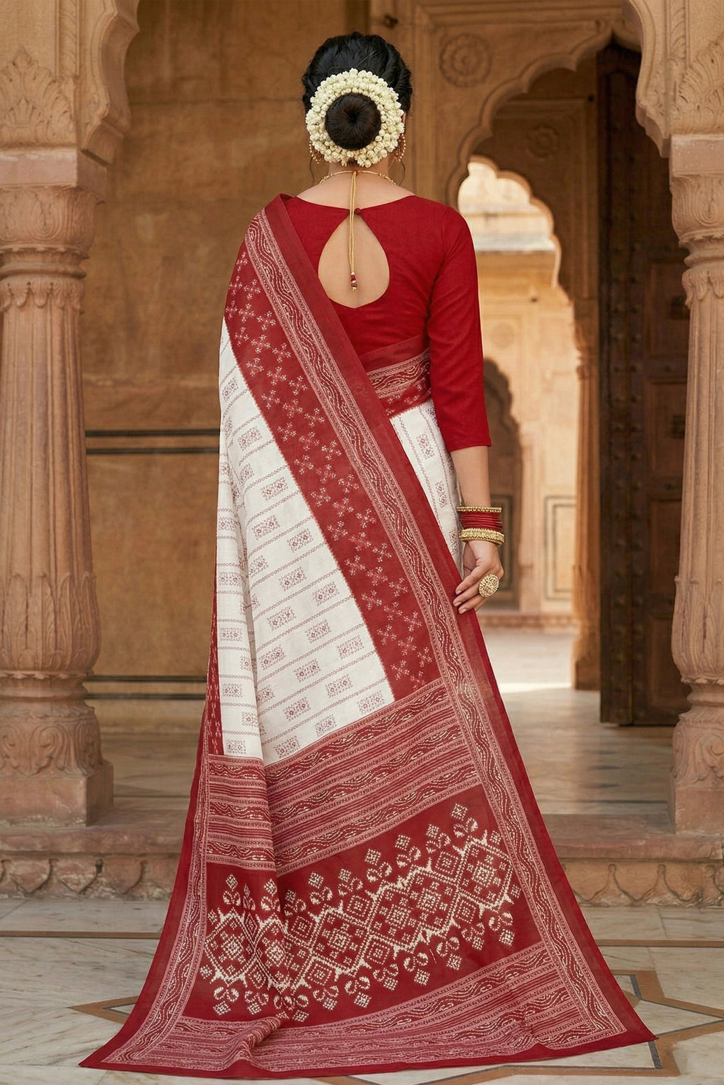 Red and White Pure Cotton Printed Saree with Border, Traditional Festive Wear for Women