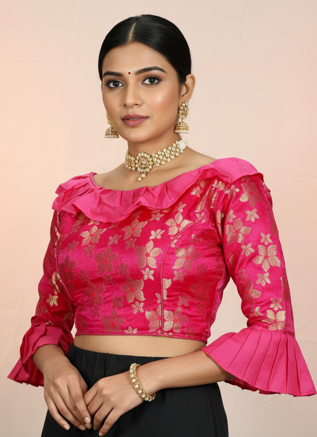 Pink Readymade Designer Padded Blouse with Heavy Jari Work and Tassels, Elbow Sleeves, Back Knot