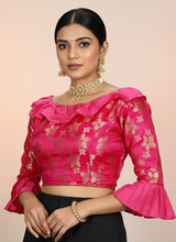 Pink Readymade Designer Padded Blouse with Heavy Jari Work and Tassels, Elbow Sleeves, Back Knot