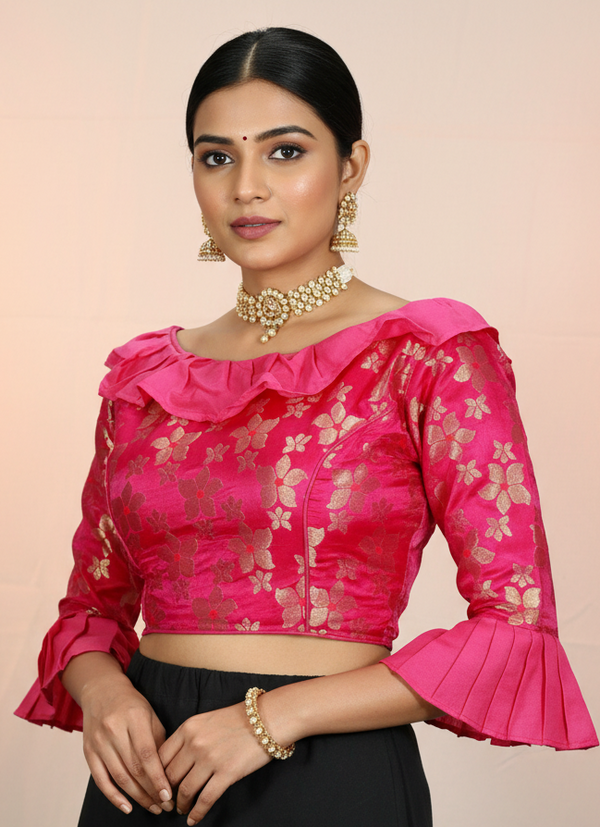 Pink Readymade Designer Padded Blouse with Heavy Jari Work and Tassels, Elbow Sleeves, Back Knot
