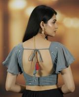 Grey Readymade Padded Designer Sleeveless Blouse with Embroidery Work, Back Knot, Fully Stitched