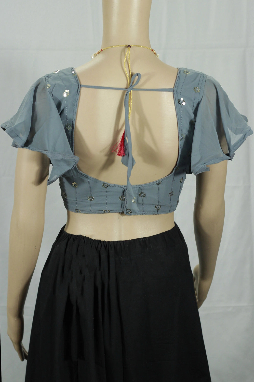 Grey Readymade Padded Designer Sleeveless Blouse with Embroidery Work, Back Knot, Fully Stitched