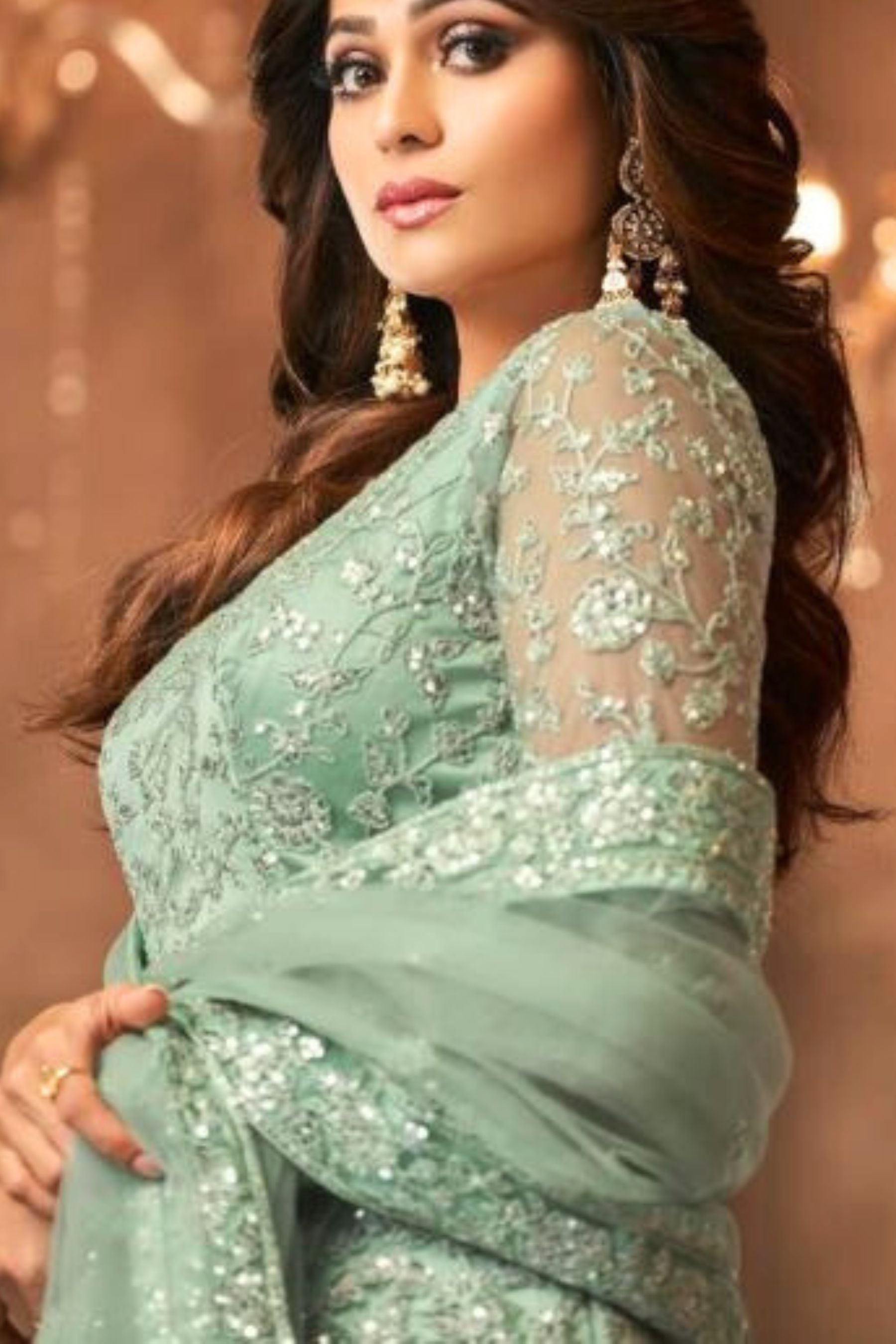 Heavy Embroidery and Sequins work Floor Length Kurti in Green KURTI JCS Fashions