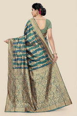 Peacock Blue Organza Silk Designer Saree with Floral Weave, Zari Border and Grand Pallu