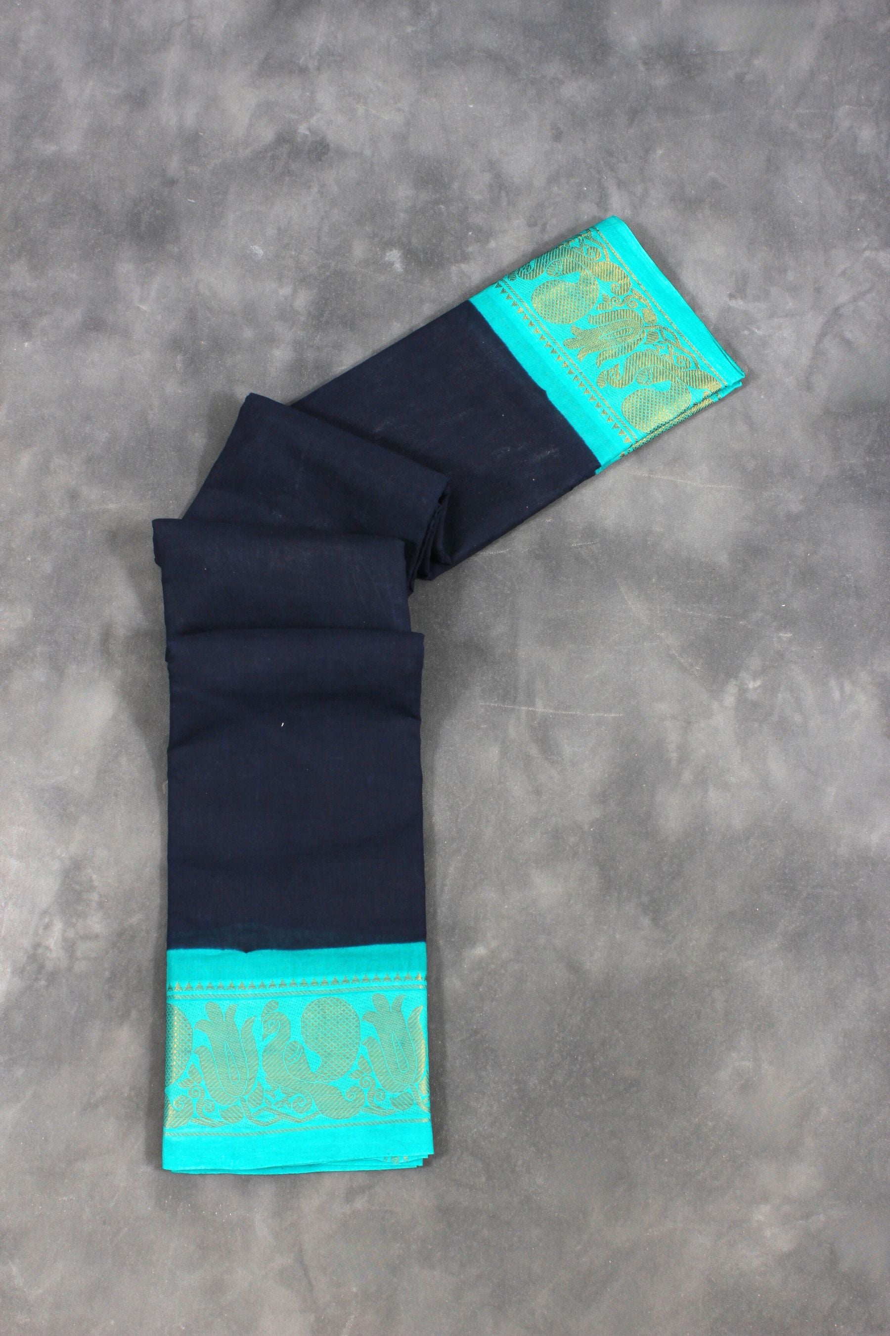 Traditional Elegance Madurai Sungudi Cotton Saree with Peacock Border Saree JCS Fashions Dark Blue & Green 5.5 meters
