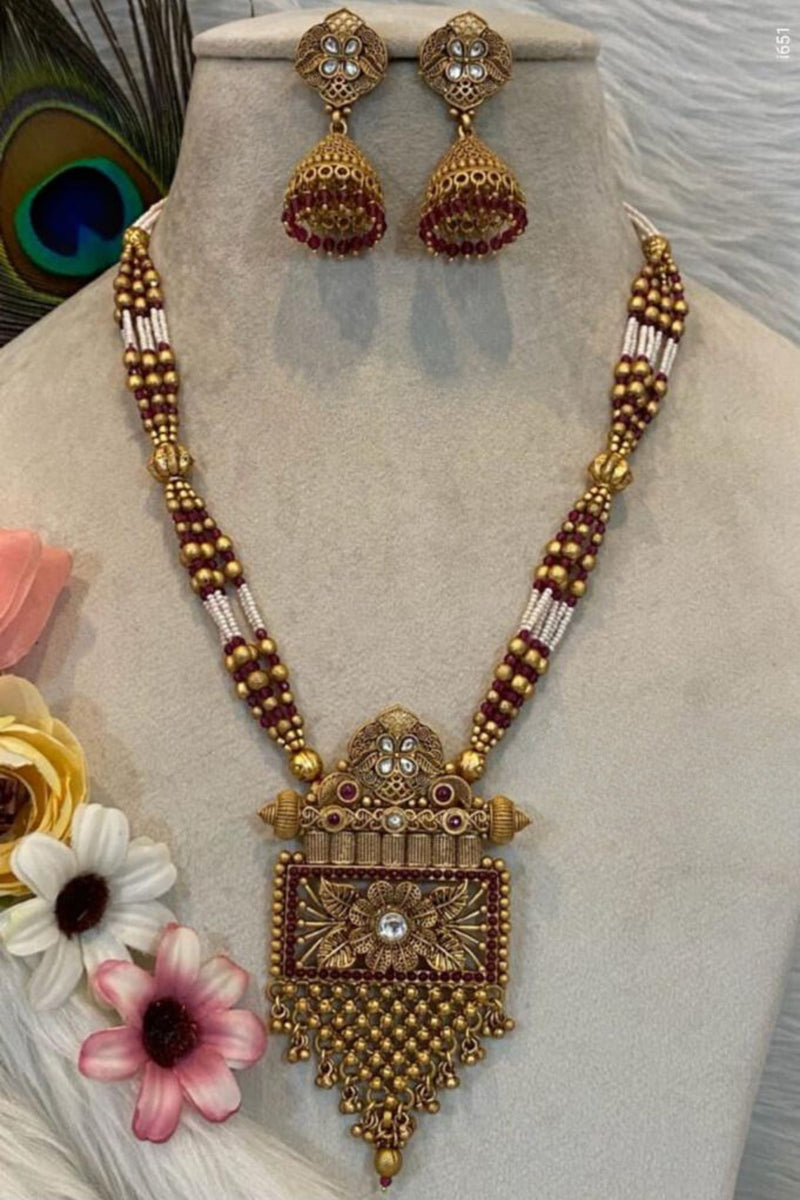 Regal Antique Gold-Plated Long Kundan Necklace Set with Pink & White Beads