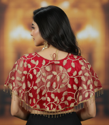 Red Net Designer Padded Blouse with Floral Motifs, Fully Stitched, Sleeveless Back Knot, Golden Embroidery
