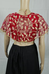 Red Net Designer Padded Blouse with Floral Motifs, Fully Stitched, Sleeveless Back Knot, Golden Embroidery