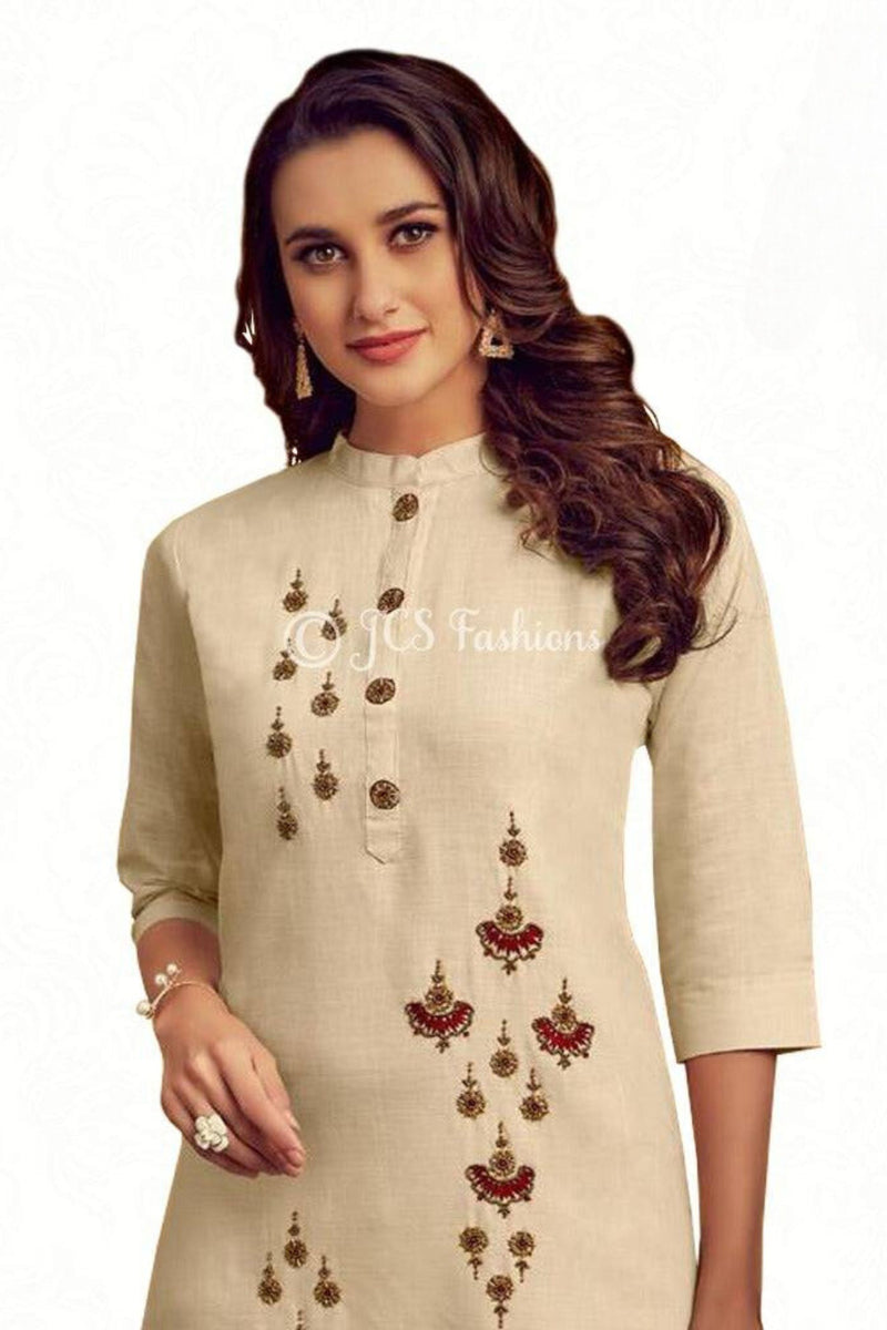 Cotton Kurti With unique hand embroidery in Pastel brown