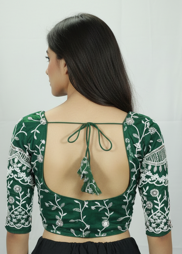 Green Designer Padded Blouse with Aari Work Floral Embroidery, Elbow Sleeves and Back Knot, Fully Stitched