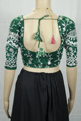 Green Designer Padded Blouse with Aari Work Floral Embroidery, Elbow Sleeves and Back Knot, Fully Stitched
