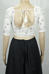 White Readymade Designer Padded Blouse with Aari Work Floral Motifs, Elbow Sleeves & Back Knot