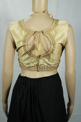 Readymade Designer Padded Blouse, Fully Stitched, Golden thread embroidery aari work with floral motifs around the neckline and shoulders, S