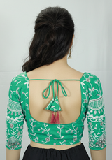 Sea Green Designer Padded Blouse with White Aari Floral Embroidery, Elbow Sleeves & Back Knot