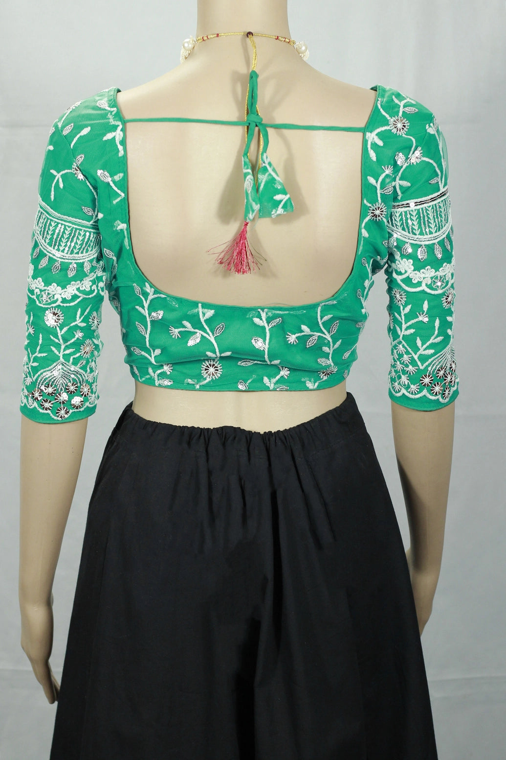 Sea Green Designer Padded Blouse with White Aari Floral Embroidery, Elbow Sleeves & Back Knot
