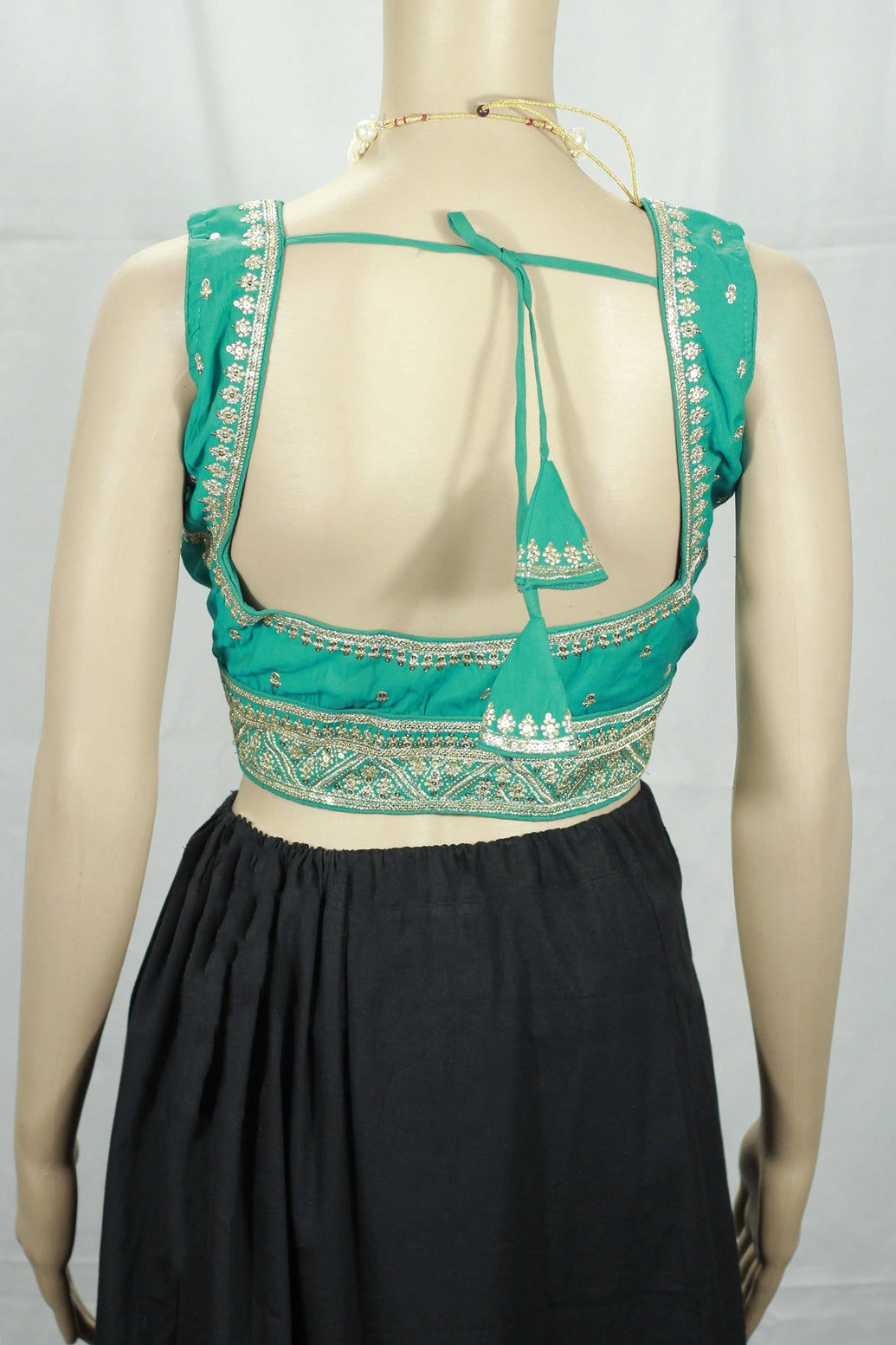 Teal Blue Deep Neck Zari Border Padded Readymade Blouse for Saree/Lehenga (Sleeveless) - Fully Stitched
