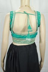 Teal Blue Deep Neck Zari Border Padded Readymade Blouse for Saree/Lehenga (Sleeveless) - Fully Stitched