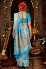 Sky Blue Candy Crush Cotton Weaving Saree with Blouse