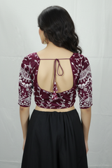 Wine Readymade Designer Padded Blouse with Aari Floral Embroidery, Elbow Sleeves & Back Knot, Fully Stitched
