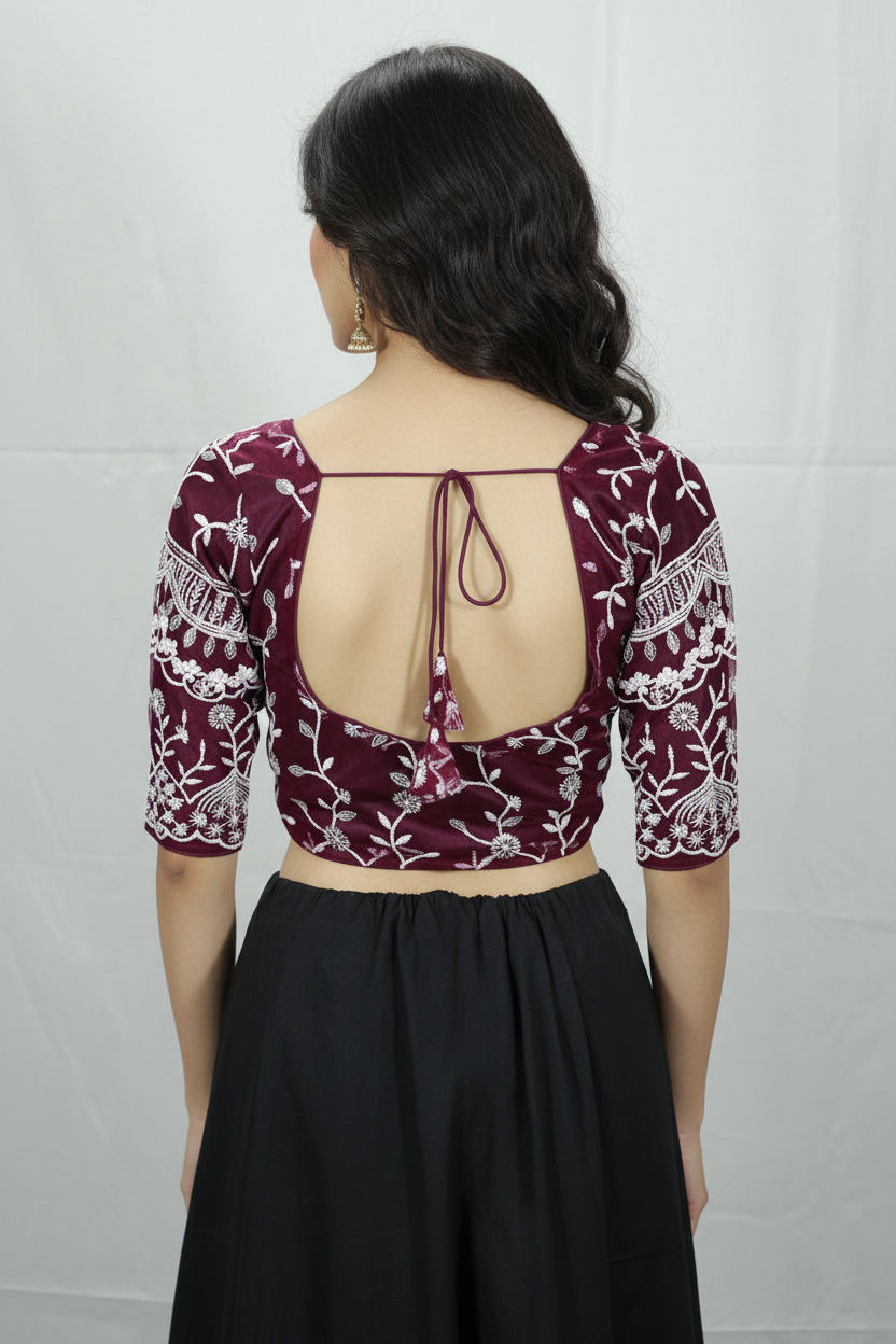 Wine Readymade Designer Padded Blouse with Aari Floral Embroidery, Elbow Sleeves & Back Knot, Fully Stitched